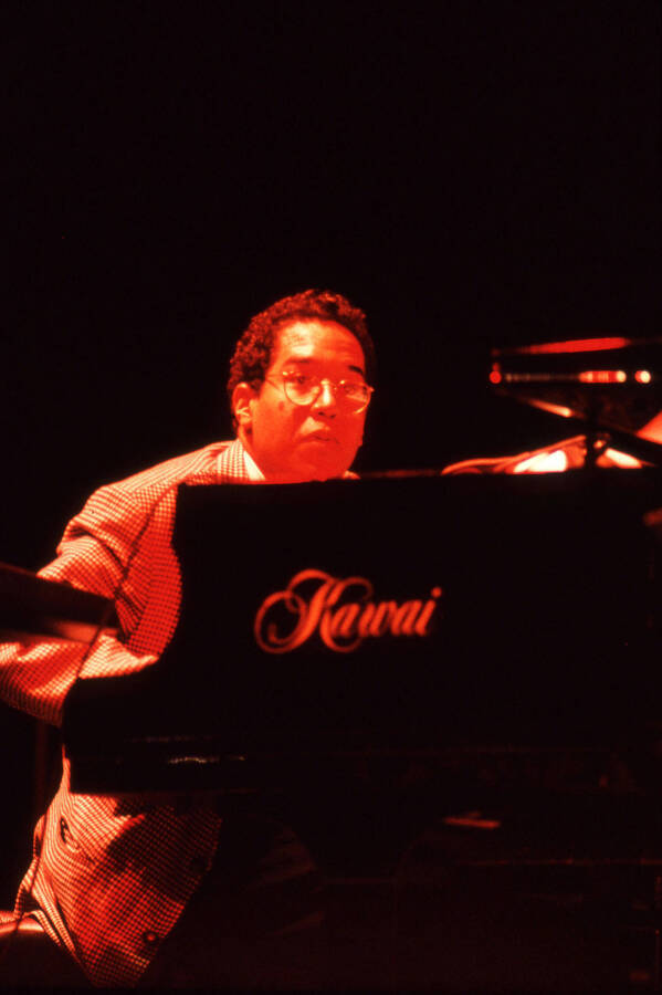 35 mm color slide. Danilo Perez plays the piano at the Pepsi International World Jazz Night at the 1992 Lionel Hampton-Chevron Jazz Festival.