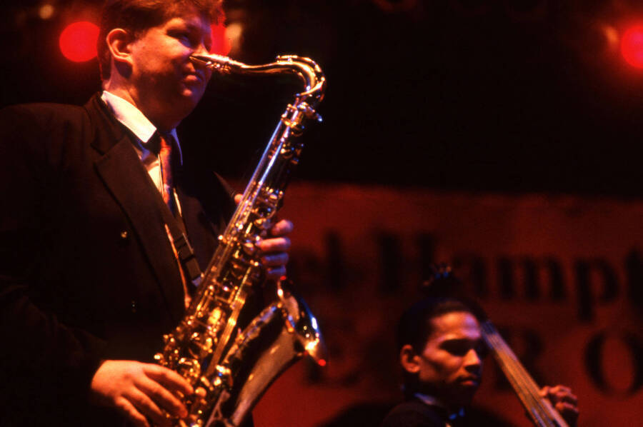 35 mm color slide. Lembit Saarsalu and Leon Dorsey at the Pepsi International World Jazz Night at the 1992 Lionel Hampton-Chevron Jazz Festival.