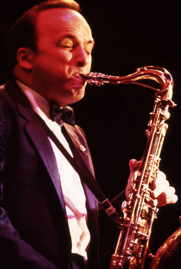 35 mm color slide. Andres Boiarsky plays saxophone at the Pepsi International World Jazz Night at the 1992 Lionel Hampton-Chevron Jazz Festival.