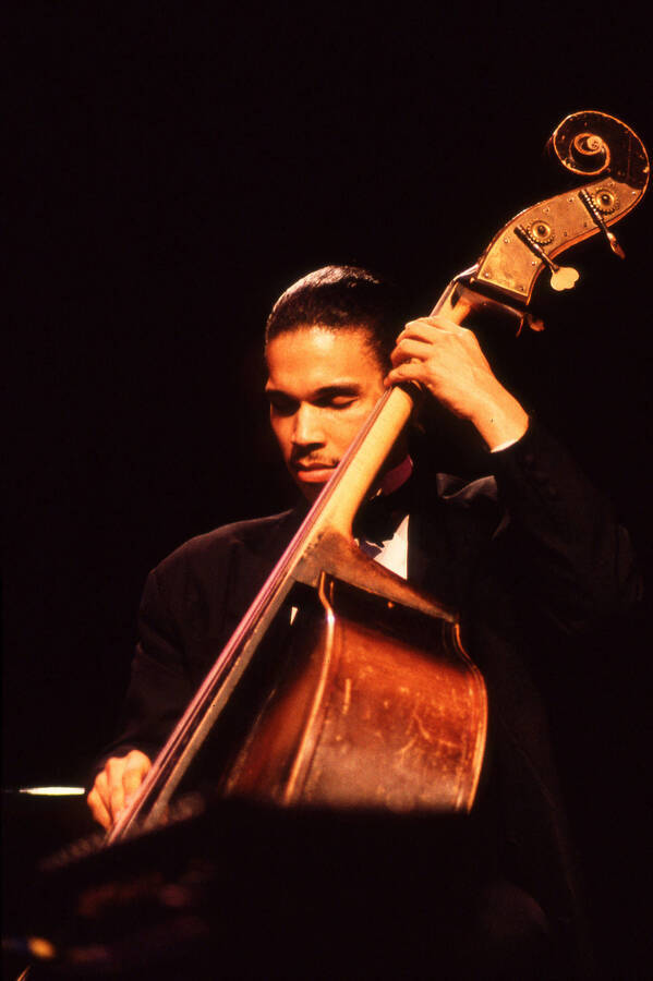 35 mm color slide. Leon Dorsey plays the bass at the Pepsi International World Jazz Night at the 1992 Lionel Hampton-Chevron Jazz Festival.