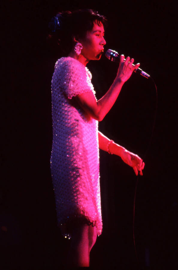 35 mm color slide. Reiko Aoki sings at the Pepsi International World Jazz Night at the 1992 Lionel Hampton-Chevron Jazz Festival.