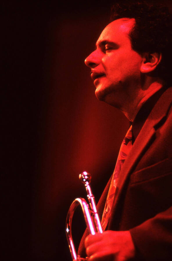 35 mm color slide. Claudio Roditi on stage at the Pepsi International World Jazz Night at the 1992 Lionel Hampton-Chevron Jazz Festival.