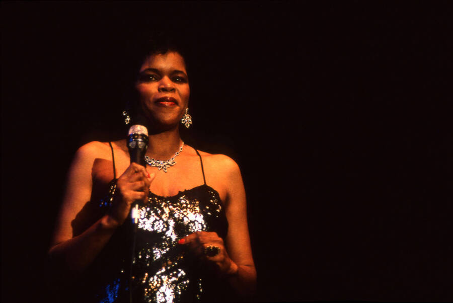 35 mm color slide. Lisa Capers on stage at the Pepsi International World Jazz Night at the 1992 Lionel Hampton-Chevron Jazz Festival.