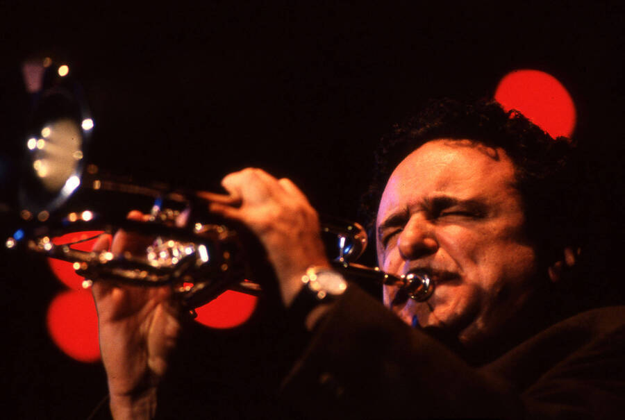 35mm color slide. Claudio Roditi plays trumpet at the Pepsi International World Jazz Night at the 1992 Lionel Hampton-Chevron Jazz Festival.