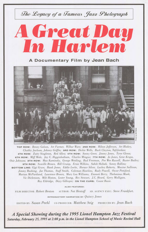 11"x17" event poster. Poster advertising a showing of the documentary A Great Day in Harlem at the 1995 Lionel Hampton Jazz Festival.
