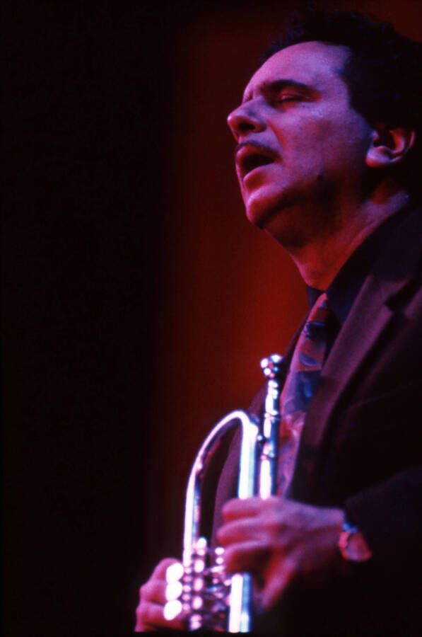 35 mm color slide. Claudio Roditi on stage at the Pepsi International World Jazz Night at the 1992 Lionel Hampton-Chevron Jazz Festival.