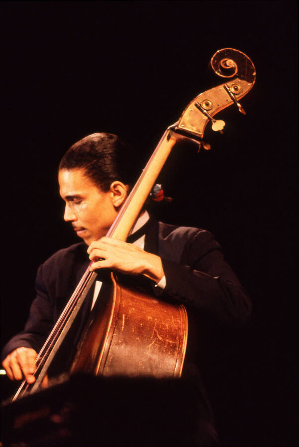 35 mm color slide. Leon Dorsey plays the bass at the Pepsi International World Jazz Night at the 1992 Lionel Hampton-Chevron Jazz Festival.