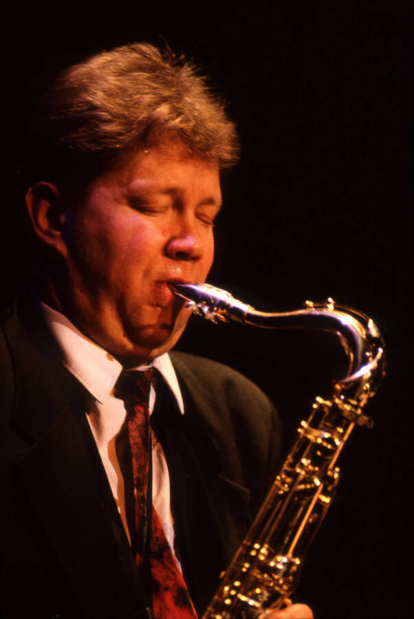 35 mm color slide. Lembit Saarsalu plays saxophone at the Pepsi International World Jazz Night at the Lionel Hampton-Chevron Jazz Festival.