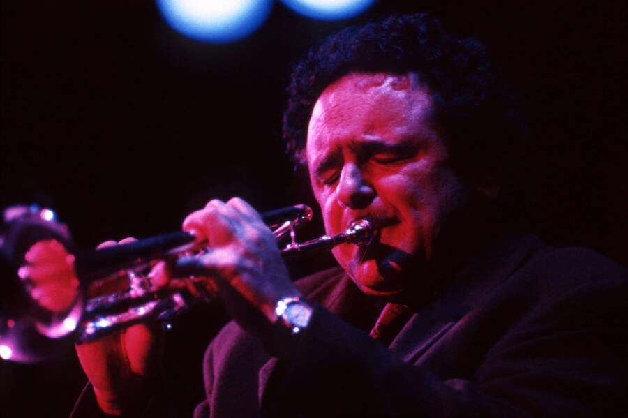 35 mm color slide. Claudio Roditi plays the trumpet at the Pepsi International World Jazz Night at the 1992 Lionel Hampton-Chevron Jazz Festival.