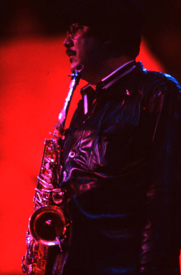 35mm color slide. Paquito D'Rivera stands on stage at the Pepsi International World Jazz Night at the 1992 Lionel Hampton-Chevron Jazz Festival.