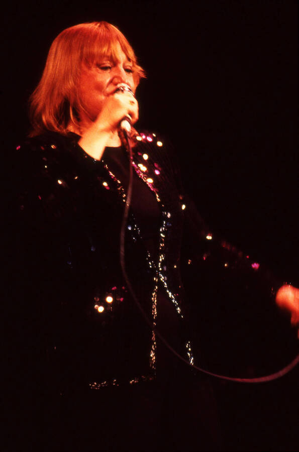 35 mm color slide. Gail Wynters sings on stage at the Pepsi International World Jazz Night at the 1992 Lionel Hampton-Chevron Jazz Festival.