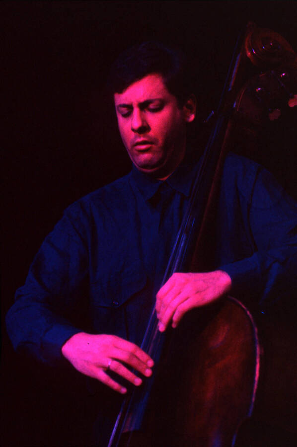35 mm color slide. David Finck plays bass at the Pepsi International World Jazz Night at the 1992 Lionel Hampton-Chevron Jazz Festival.