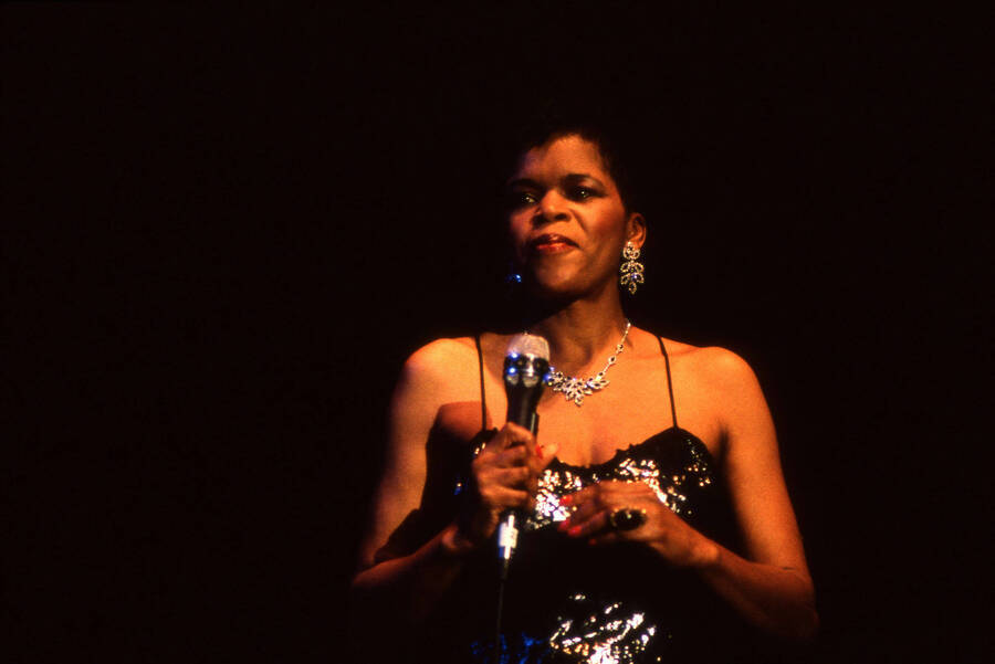 35 mm color slide. Lisa Capers on stage at the Pepsi International World Jazz Night at the 1992 Lionel Hampton-Chevron Jazz Festival.
