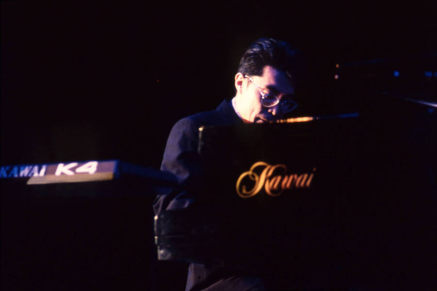35 mm color slide. Kuni Mikami playing the piano at the Pepsi International World Jazz Night at the 1992 Lionel Hampton-Chevron Jazz Festival.