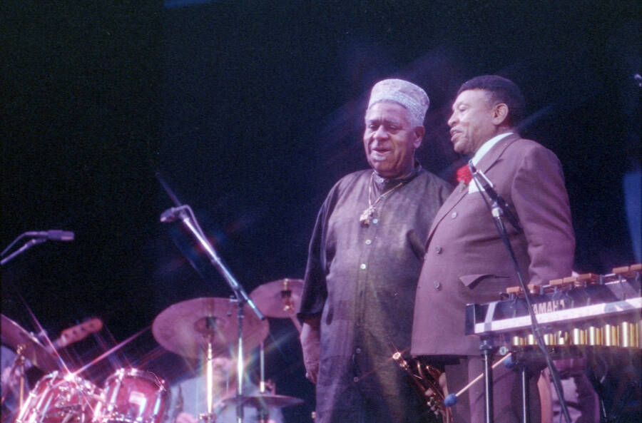 35mm color negative. Lionel Hampton and Dizzy Gillespie stand on stage at the 1991 Lionel Hampton-Chevron Jazz Festival.