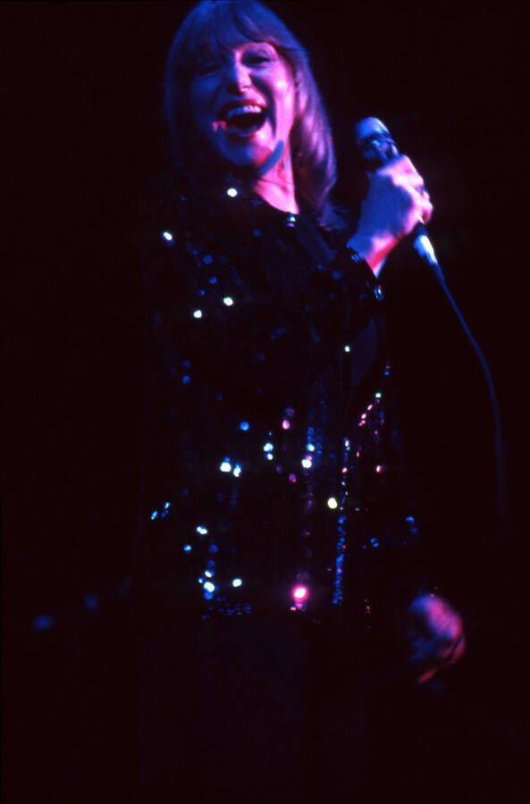 35 mm color slide. Gail Wynters sings on stage at the Pepsi International World Jazz Night at the 1992 Lionel Hampton-Chevron Jazz Festival.