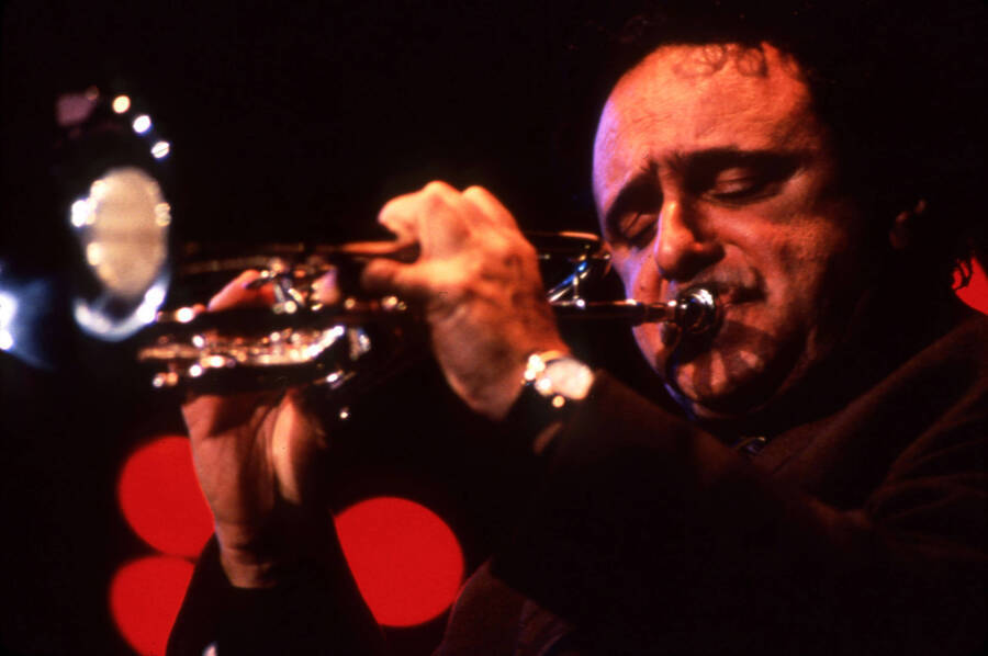 35mm color slide. Claudio Roditi plays trumpet at the Pepsi International World Jazz Night at the 1992 Lionel Hampton-Chevron Jazz Festival.
