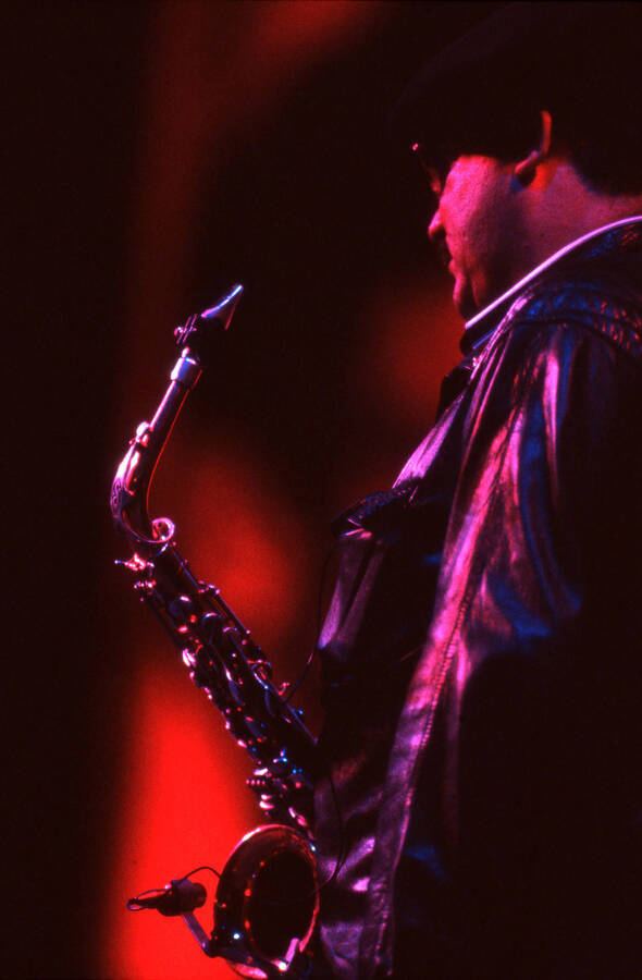 35mm color slide. Paquito D'Rivera stands on stage at the Pepsi International World Jazz Night at the 1992 Lionel Hampton-Chevron Jazz Festival.