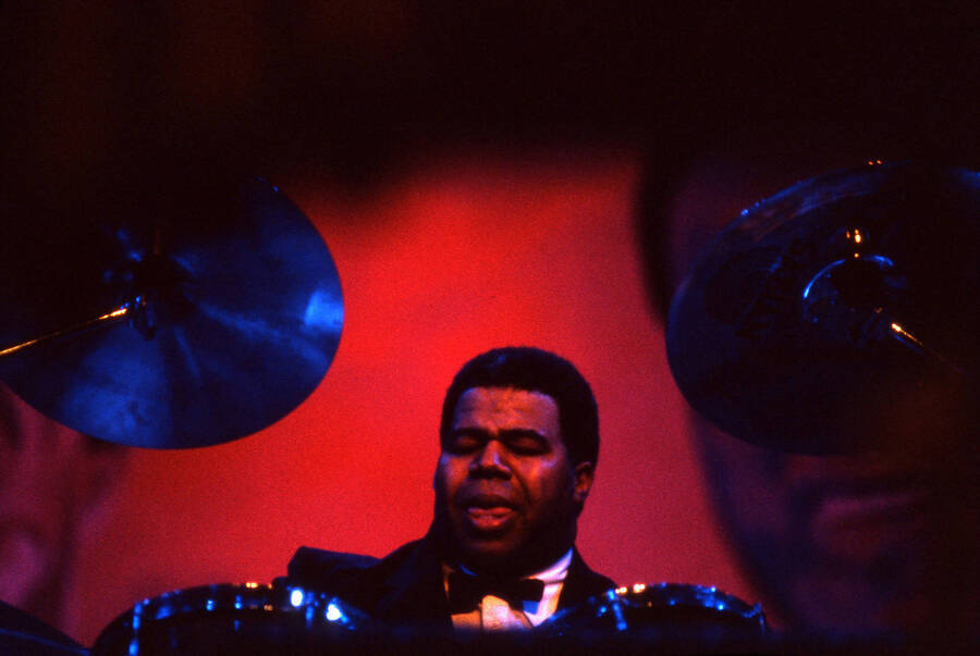 35 mm color slide. Wally "Gator" Watson plays drums at the Pepsi International World Jazz Night at the 1992 Lionel Hampton-Chevron Jazz Festival.