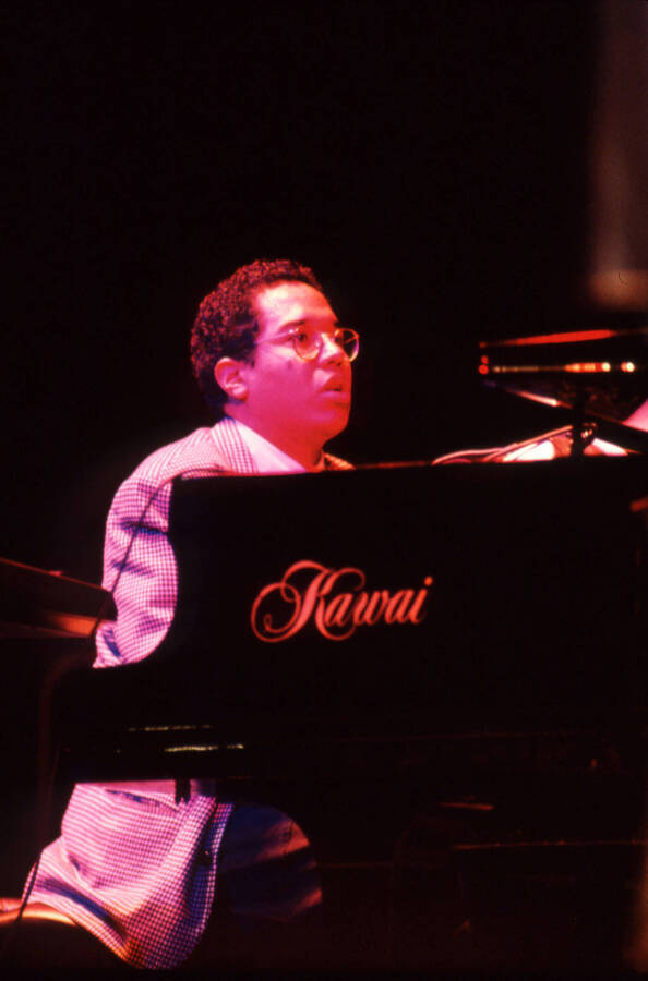 35 mm color slide. Danilo Perez plays the piano at the Pepsi International World Jazz Night at the 1992 Lionel Hampton-Chevron Jazz Festival.