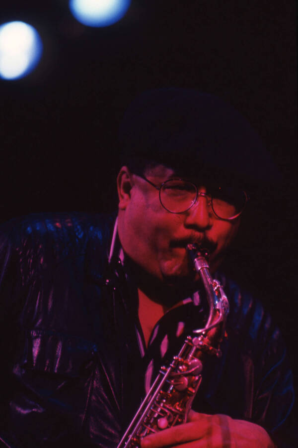 35mm color slide. Paquito D'Rivera plays saxophone at the Pepsi International World Jazz Night at the 1992 Lionel Hampton-Chevron Jazz Festival.