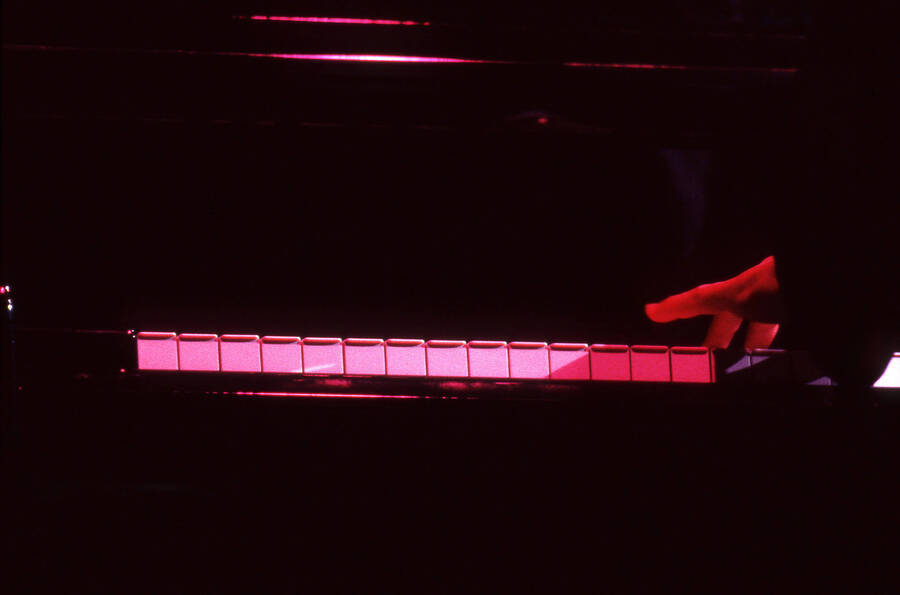 35 mm color slide. Close up of Kuni Mikami's hand playing the piano at the Pepsi International World Jazz Night at the 1992 Lionel Hampton-Chevron Jazz Festival.