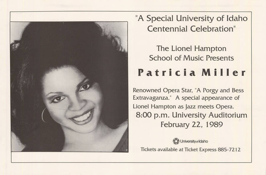 17"x11" event poster. Poster advertising Patricia Miller and Lionel Hampton performing at the University Auditorium.