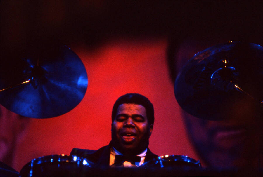 35 mm color slide. Wally "Gator" Watson plays drums at the Pepsi International World Jazz Night at the 1992 Lionel Hampton-Chevron Jazz Festival.