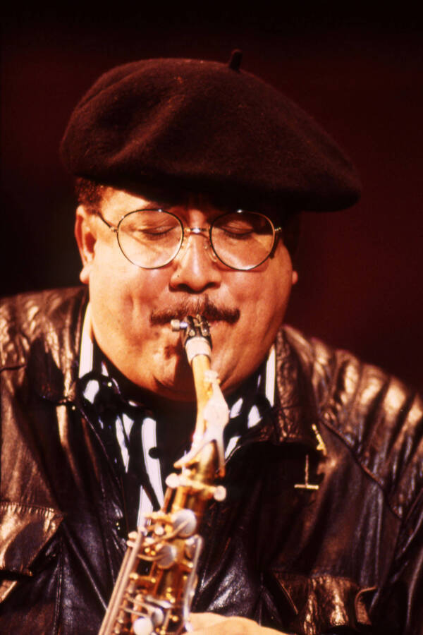 35mm color slide. Paquito D'Rivera plays saxophone at the Pepsi International World Jazz Night at the 1992 Lionel Hampton-Chevron Jazz Festival.