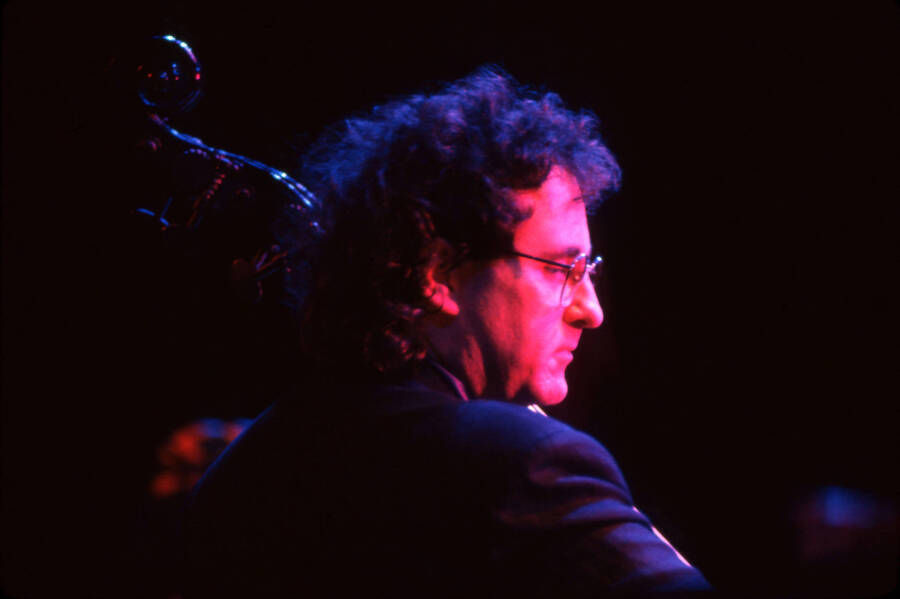 35mm color slide. Brian Bromberg plays bass at the Pepsi International World Jazz Night at the 1992 Lionel Hampton-Chevron Jazz Festival.