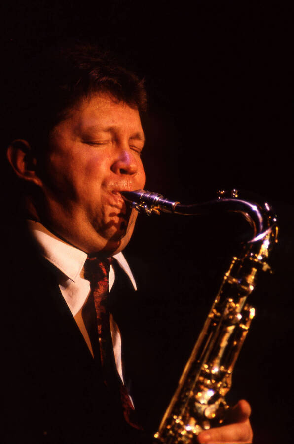 35 mm color slide. Lembit Saarsalu plays saxophone at the Pepsi International World Jazz Night at the Lionel Hampton-Chevron Jazz Festival.