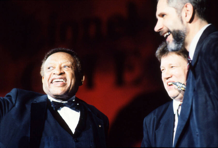 35 mm color slide. Close up of Lionel Hampton, Lembit Saarsalu, and Leonid Vintskevich on stage at the Pepsi International World Jazz Night at the 1992 Lionel Hampton-Chevron Jazz Festival.