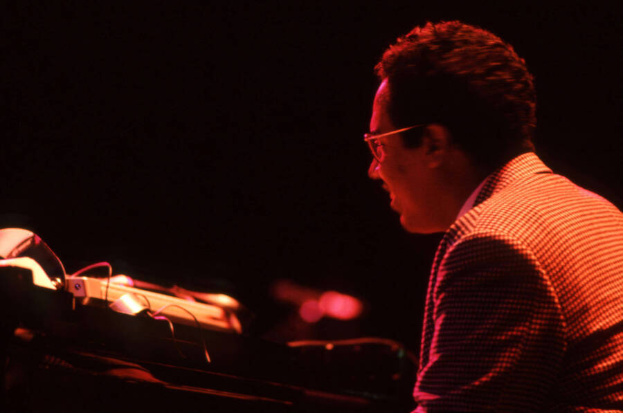 35mm color slide. Danilo Perez plays piano at the Pepsi International World Jazz Night at the 1992 Lionel Hampton-Chevron Jazz Festival.