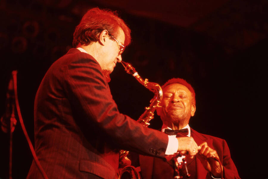 35mm color slide. Lionel Hampton and Lynn "Doc" Skinner on stage at the 1992 Lionel Hampton Jazz Festival.