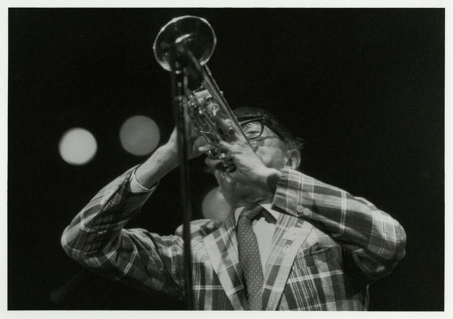 10" x 8" black and white photograph. Doc Cheatham performing at the 1989 Lionel Hampton-Chevron Jazz Festival.