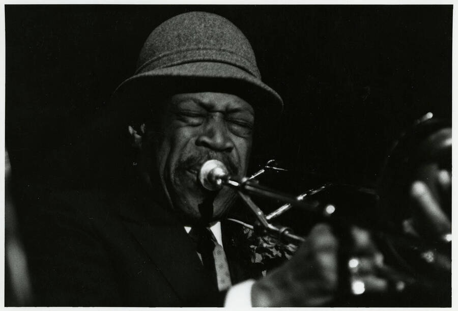 8" x 5" black and white photograph. Al Grey plays trombone at the Lionel Hampton Jazz Festival.