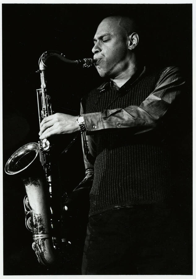 5" x 7" black and white photograph. Joshua Redman play his saxophone at the Lionel Hampton Jazz Festival.