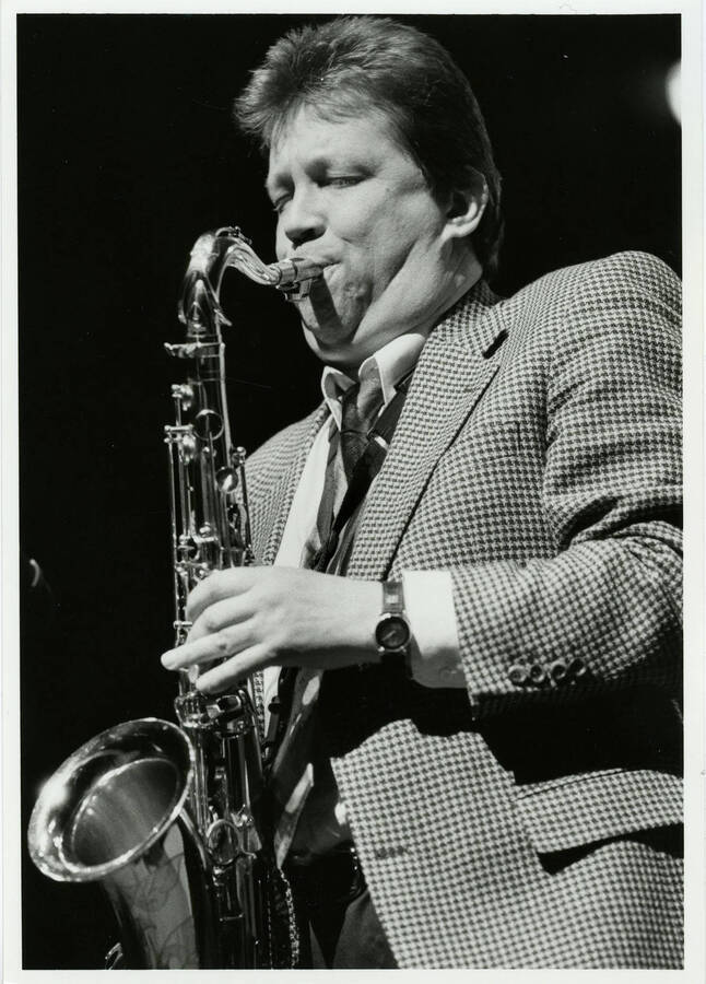 5" x 7" black and white photograph. Lembit Saarsalu plays the saxophone at the Lionel Hampton Jazz Festival.