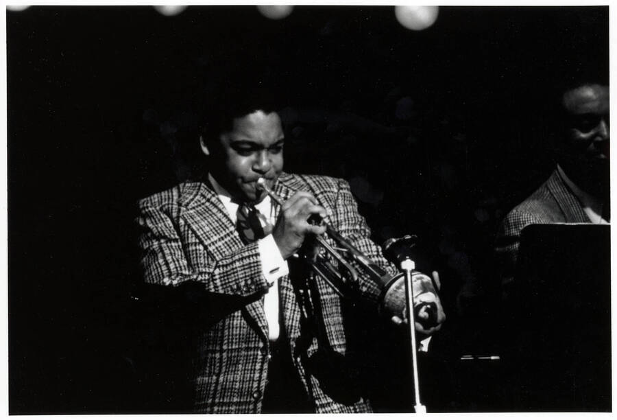 10" x 8" black and white photograph. Wynton Marsalis playing his trumpet at the 1989 Lionel Hampton-Chevron Jazz Festival.