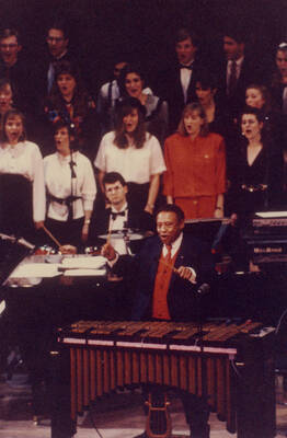 8" x 10" color photograph. Lionel Hampton performs with the University of Idaho Jazz Choir at the 1992 Lionel Hampton-Chevron Jazz Festival.