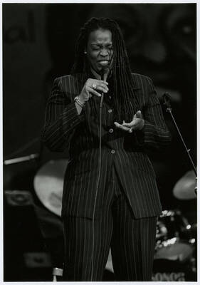 5" x 7" black and white photograph. Diane Reeves sings at the Lionel Hampton Jazz Festival.