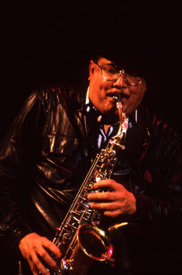 35mm color slide. Paquito D'Rivera plays saxophone at the Pepsi International World Jazz Night at the 1992 Lionel Hampton-Chevron Jazz Festival.