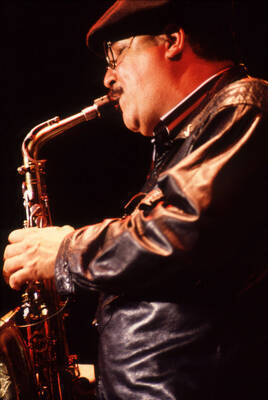 35mm color slide. Paquito D'Rivera plays saxophone at the Pepsi International World Jazz Night at the 1992 Lionel Hampton-Chevron Jazz Festival.