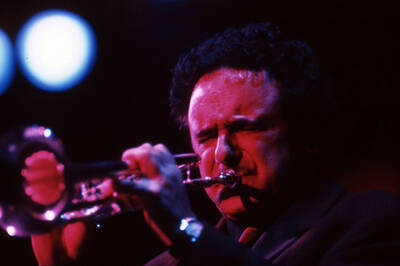 35 mm color slide. Claudio Roditi plays the trumpet at the Pepsi International World Jazz Night at the 1992 Lionel Hampton-Chevron Jazz Festival.