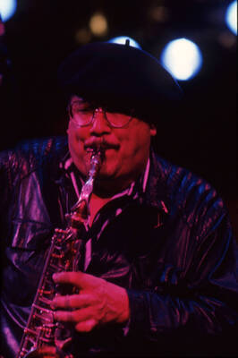 35mm color slide. Paquito D'Rivera plays saxophone at the Pepsi International World Jazz Night at the 1992 Lionel Hampton-Chevron Jazz Festival.