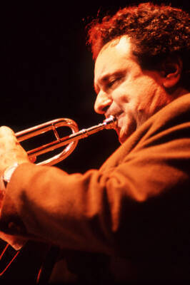 35 mm color slide. Claudio Roditi plays the trumpet at the Pepsi International World Jazz Night at the 1992 Lionel Hampton-Chevron Jazz Festival.
