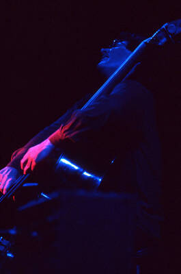35mm color slide. Brian Bromberg plays bass at the Pepsi International World Jazz Night at the 1992 Lionel Hampton-Chevron Jazz Festival.
