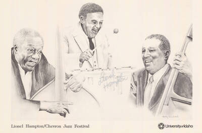 18"x11.75" limited edition poster. Poster featuring a drawing done by artist Molly Heishbiel showing Lionel Hampton, Milt Hinton, and Ray Brown playing their instruments.