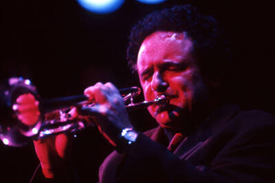 35 mm color slide. Claudio Roditi plays the trumpet at the Pepsi International World Jazz Night at the 1992 Lionel Hampton-Chevron Jazz Festival.