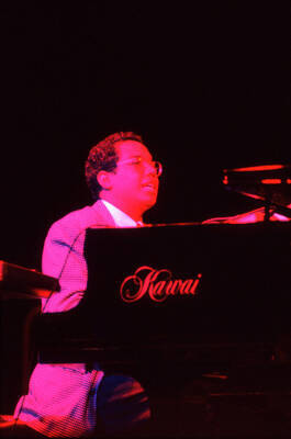 35 mm color slide. Danilo Perez plays the piano at the Pepsi International World Jazz Night at the 1992 Lionel Hampton-Chevron Jazz Festival.